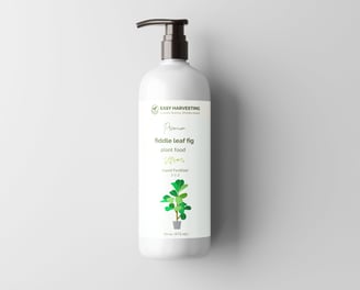Easy Harvesting fiddle leaf fig liquid fertilizer bottle with pump, shown alongside service offering