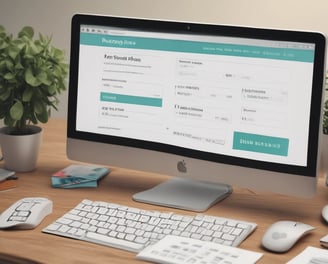 A computer monitor displays a webpage from HelpDesk Heroes, featuring a contact address and email. Social media icons including Facebook, LinkedIn, Twitter, Instagram, and Pinterest are visible. The screen also shows a Trustpilot rating. A stack of cookies is partially visible at the bottom of the image, and part of a keyboard can be seen in the foreground.