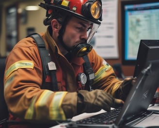 A person wearing a red helmet and a fire jacket stands in front of a large backdrop, possibly a building or construction site. A red fire truck is partially visible behind the person, along with metal scaffolding.