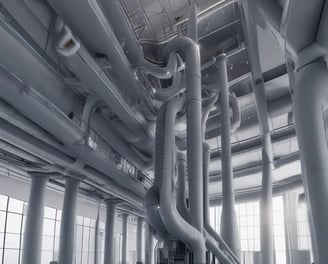 A fire safety setup featuring a red fire hose reel mounted on a wall alongside a rectangular red metal cabinet containing a fire hose and nozzle. Pipes and a valve are visible, highlighting the system's functionality.