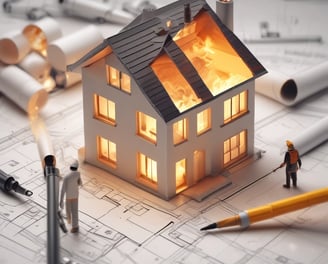 A wooden structure engulfed in bright orange flames with thick black smoke billowing upwards. Firefighters are present, wearing protective gear including helmets, and actively using a hose to spray water on the fire. The background includes a brick building and grassy area.