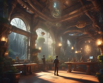 Two individuals are wearing virtual reality headsets and carrying gaming guns. Each person is equipped with a sturdy-looking backpack, possibly housing electronics needed for the VR experience. They are standing in an indoor environment, likely a virtual reality gaming arena, which has a modern and high-tech appearance. The background is slightly blurred, emphasizing the focus on the individuals.