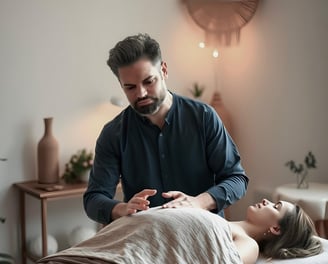 yo como terapeuta reiki imponiendo mis manos en el chakra corazon durante una terapia de Reiki