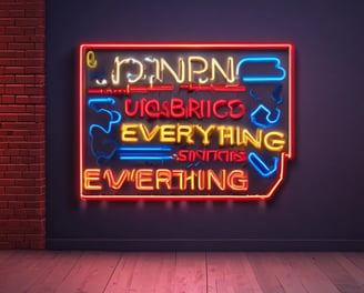 Neon lights display the phrase 'MEDIA IS EVERYTHING' in a sequence of red, yellow, and blue colors against a plain wall. The glow of the neon creates a vibrant and striking visual, infusing the scene with a modern and edgy look.