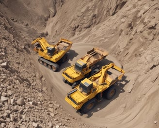 A large, heavy-duty yellow dump truck is positioned on a paved surface, carrying a load of material in its bed. The truck is branded with Volvo and appears to be used in construction or mining. The background features a cloudy sky and some sparse vegetation.