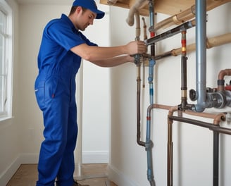 A plumbers in a blue jumpsuit installing new pipes in a house.