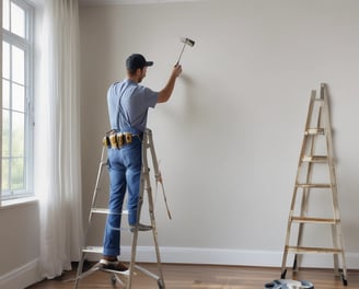 A person wearing protective clothing is painting the exterior of a building while crouched on a narrow ledge. Next to the person is a satellite dish attached to the wall. Several windows are open above the person, providing some ventilation.