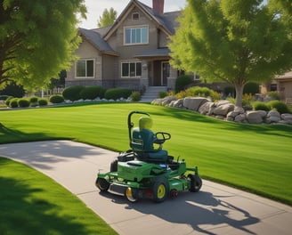 A lush, green lawn stretches across the foreground, with vibrant grass blades highlighted by bright sunlight. In the background, a stone fence is partially obscured by various bushes and small plants, adding a touch of natural privacy to the garden setting.