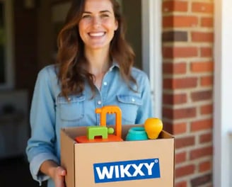 A happy, smiling woman receiving a free 3D printed package from WIKXY 3D printing at her doorstep.