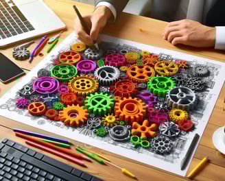WIKXY Brightly coloured, taylormade 3D printed gears on the table. Available at WIKXY 3D Printing in Stoke-on-Trent.