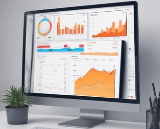 An abstract, pastel-colored, 3D-rendered representation of data analysis and search engine optimization (SEO). The image features a computer interface with various analytics symbols, including a magnifying glass, bar charts, pie charts, and a search bar with the text 'SEO'. Surrounding the interface are different objects such as a potted plant, a cup with a saucer, and a megaphone, all placed on a light green background.