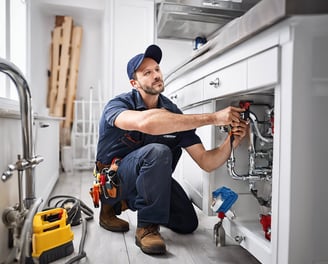 a man in a blue shirt and a wrench on a kitchen counter