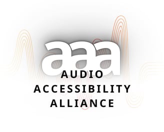 Audio Accessibility Alliance written over 'aaa' as logo and red sound waves.