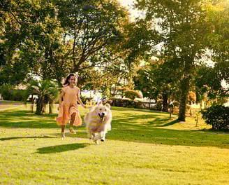 Menina brincando com o seu cachorro