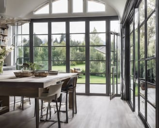 a dining room with a table and chairs