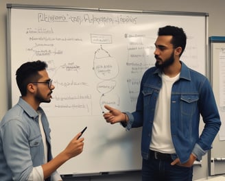 Two people are standing in front of a whiteboard, discussing a flowchart labeled 'Developer Journey'. The flowchart includes steps like 'Sign-Up', 'Use APIs', and 'Provide Feedback'. The individuals appear to be engaged in a professional discussion, with both focused on the content on the board. One person is wearing a denim jacket and holding a marker, while the other is in a black top.