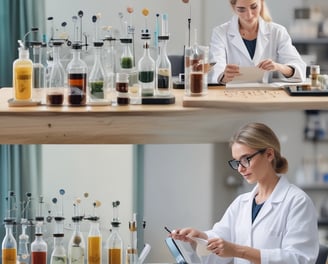 Various wellness and beauty products, including oils in bottles, a bowl of oil, dried flowers, crystals, a smudge stick, and a small dish of cream, are arranged aesthetically on a light surface. The scene is decorated with colorful flowers and herbs.