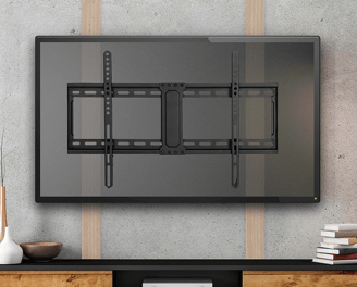 a tv screen mounted on a wall mounted showing a mounting bracket. and logo with text " free quote "