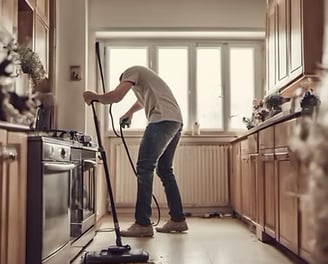 a man cleaning a kitchen floor with a mop