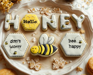Letter-shaped sugar cookies spelling out the message “Bee Happy,” perfect for uplifting gifts or themed celebrations