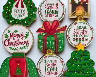 Decorated cookies featuring edible printed images and unique seasonal designs for spring, summer, fall, and winter.
