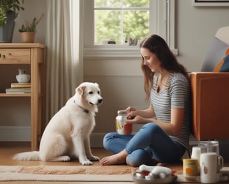 Two German Shepherd dogs sit side by side on a polished concrete floor, each holding a package of dog food in its mouth. In front of them, there are two paper shopping bags labeled Acana and Orijen. To the right, a large potted plant adds greenery to the minimalist decor. Natural light streams in from a window on the left, illuminating the scene.