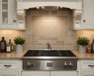 A man and woman stand in a rustic kitchen with wooden cabinets and a patterned curtain. They are holding a large rectangular sign advertising windows, roofing, doors, and siding, featuring a logo and contact number. The kitchen counter has various items, including a dish rack and some utensils.