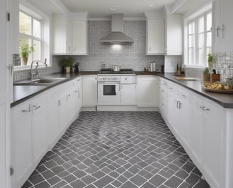 A modern kitchen with light-colored cabinets and sleek design. There are overhead cabinets, a built-in stove, and a minimalist sink. A decorative vase with branches and some pottery are placed on top of the cabinets. The ceiling features two spotlights, and there is ambient lighting under the cabinets. The floor is wooden, and the room is partially lit by sunlight coming through blinds.