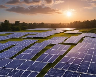 A clear blue sky provides the backdrop for a modern renewable energy setup featuring a wind turbine and solar panels. The sleek, geometric arrangement of solar panels reflects light while the blades of the wind turbine cut through the sky above.