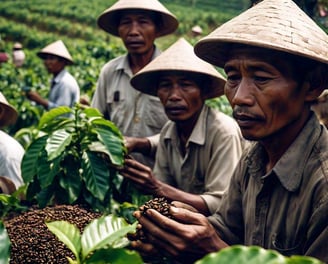 Indonesian coffee farmer inspecting beans on a sunny plantation