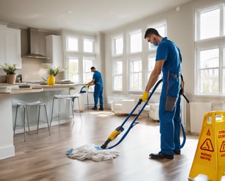 A person wearing protective clothing, a face mask, and gloves is cleaning a white cushioned furniture piece using a vacuum cleaner. The setting appears to be indoors with bright natural light streaming in through large windows. A green potted plant is placed next to a white sofa, adding a touch of nature to the clean and tidy environment.