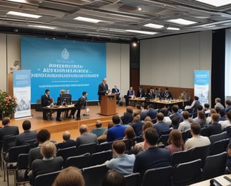 A conference or seminar setting with a speaker at a podium adorned with a blue cloth and floral arrangement. Behind the speaker are several banners and posters featuring organizations such as the Australian National University and themes like development policy. Attendees are seated in the foreground, one taking a photo with a phone.