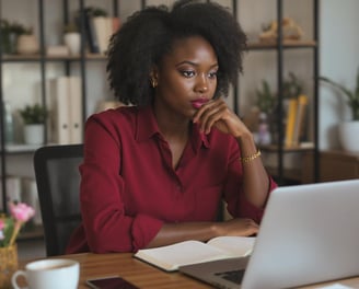 Image of a Black woman entrepreneur at her desk, deep in thought with a laptop and notebook open