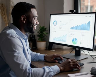 lifestyle shot of a client reviewing data/analytics on a screen with a smile or relaxed confidence.