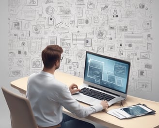 A copy of the book titled 'The 1-Page Marketing Plan' lies on a gray textured surface. The book cover is bright yellow with bold red, white, and green text. Surrounding the book are various small objects: a metallic laptop partially visible on the top left, a pair of white wireless earphones, a blue bookmark with the text 'one more page,' and other small, colorful items.