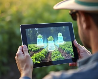a man holding a tablet computer with a tablet screen displaying a picture of a plant
