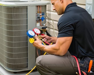 Bald technician checking refrigerant gauges during AC repair in Vista.