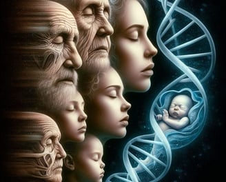 a group of people with their faces and a baby in a dna - like structure