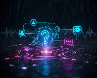 IT pagalbos vaizdas su klausimo ženklu ir technologiniais simboliais