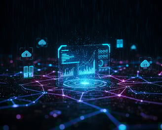 IT infrastruktūros priežiūros vaizdas su cloud ikonomis ir duomenų analizės diagramomis