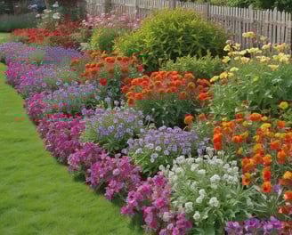 A lush garden bed filled with vibrant red flowers is bordered by a healthy green lawn. Trees are scattered amongst the flowers, providing a mix of shade and sunlight. In the background, a few people can be seen walking along a path, and parked cars are visible near a low brown wall.