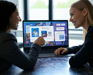 Zwei Frauen besprechen professionelles Webdesign an einem Laptop in einem modernen Büro