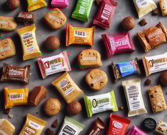 A variety of snacks are displayed in large transparent containers stacked on metal shelves. The containers hold different types of cookies, biscuits, and other snack items, each labeled with a colorful tag. The background includes additional stacked containers and a wall clock, suggesting an organized retail space.