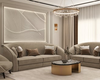 A living room with a couch and a chandelier.