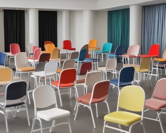 A furniture showroom with various sofas and chairs on display. In the foreground, a light gray armchair with wooden legs and a multicolored throw pillow is prominently visible. Surrounding the armchair are a few other sofas in different colors, including blue and red, set on a wooden floor. The background features shelves with fabric samples and additional seating options.