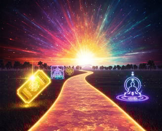 Abstract futuristic path with glowing symbols, representing upcoming wellness events