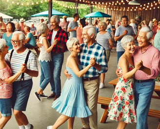 A group of people practice ballroom dance in a fun and social environment