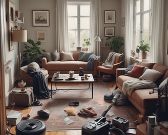 Cluttered living room being cleaned by professionals.