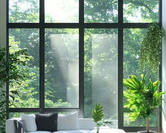 A big window that spans the entire wall displaying lush forest green trees on a sunny day