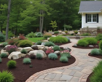 A lush, green garden landscape featuring a variety of well-manicured bushes and trees on a sunny day. There are small, winding paths and a view of a charming house with a green roof in the background, set against a blue sky.